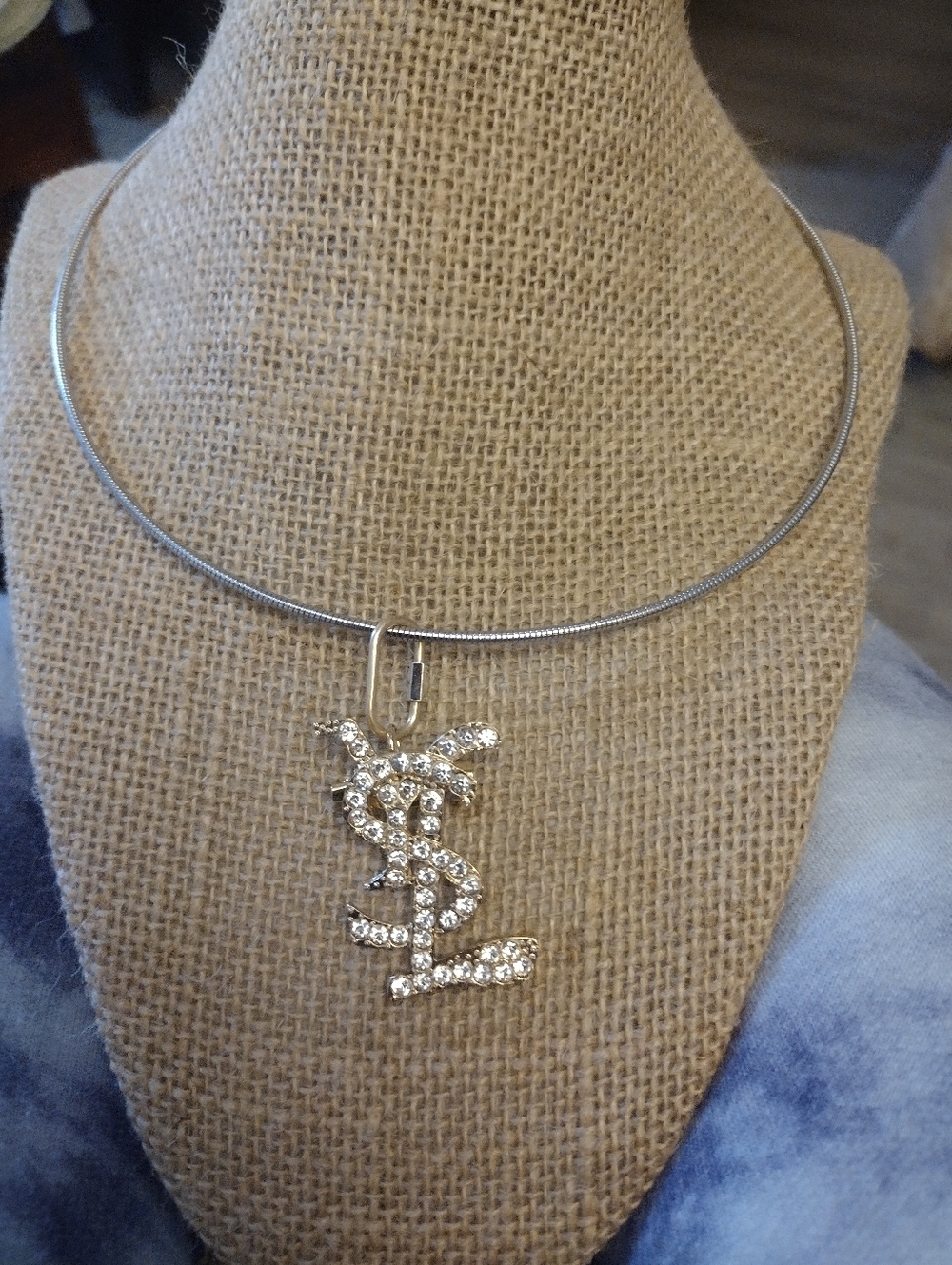 YSL Collar Necklace with Clear Rhinestone Monogram Pendant Brooch